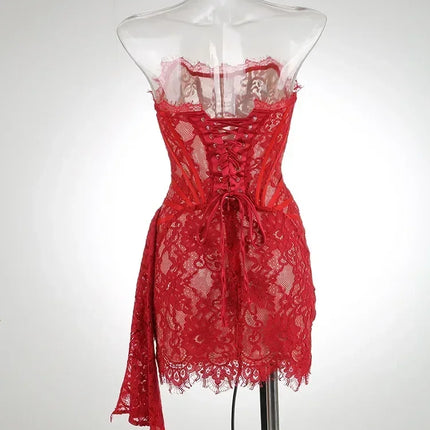 TARUXY Sexy Lace See-through Patchwork Corset Dress Female Bodycon Elegant Party MIrrgualr Mini Dress Women Tube Top Dress New