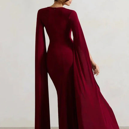 Mozision Long Cape Sleeve Split Maxi Dress For Women Gown Fashion Solid Square Collar Evening Sexy Long Dress Elegant New