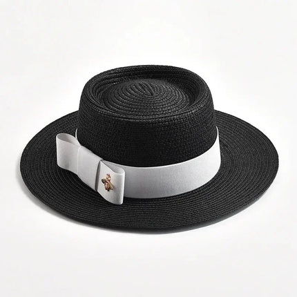 NEW Spring Summer Straw Hats for Women Round Bumpy Surface Flat Top Bowknot Dress Cap Travel Beach Sun Hat Gorra