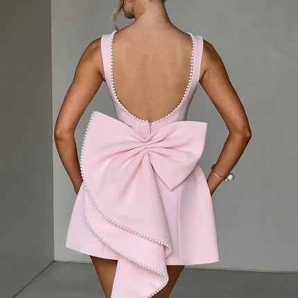 Mozision Pearl Bow Backless Sexy Mini Dress For Women Robe Fashion Zipper Sleeveless High Waist A-line Club Party Dress Elegant
