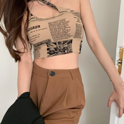 Newspaper Print Camisole Women Slanted Shoulder Hollow Sleeveless Tops Beautiful Back Woman