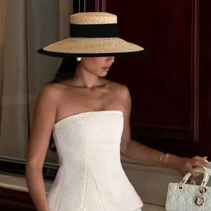 Summer Straw Hat 2024 New Flat Top French Straw Hat Elegant Women's Outdoor Vacation Sun Hat Summer Hat 모자 gorras beach