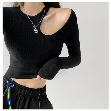 Hollow T-shirt Women Fashion Slim Y2K Cropped Tops Off Shoulder Long Sleeve Tees Woman