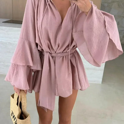 Elegant Fold Dress Women Brown Deep V-neck Long Sleeve Mini Dresses Female 2025 Spring Summer Fashion Loose Lady Vestidos