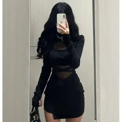 Pile Up Sleeves New Sexy Black Fishbone Dress Personalized Slim Women Dress Thin Gauze Perspective Wrap Around Buttocks  F8Q3