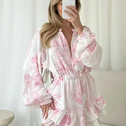 Clacive Fashion Loose Print Women's Dress 2024 Casual O-Neck Long Sleeve Mini Dresses Elegant High Waist Pleated Female Dress