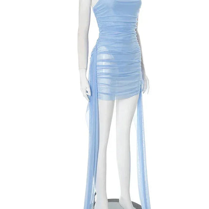 Weird Puss See  Through Dress Women Backless Sleeveless Tassel Double Deck Pleated Sexy Midnight Clubwear Party Mini Bodycon