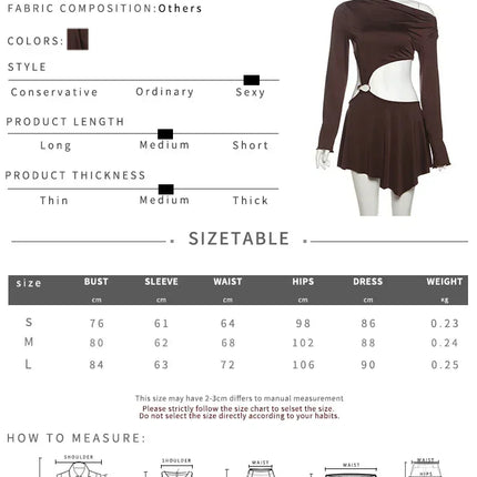 Whatiwear Hollow Waistless Dress Women Skew Collar Off Shoulder Full Sleeve Rings Patchwork Ruched Elegant Fashion Mini Bodycon