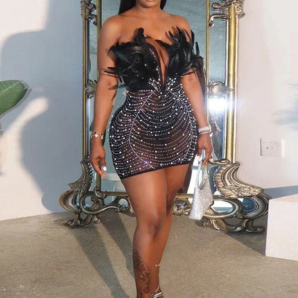 Znaiml Sexy Feathers Rhinestones Backless Diamond Sheer Mesh Bodycon Dresses for Woman Rave Club Birthday Party Night Vestidos