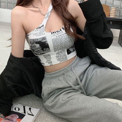Newspaper Print Camisole Women Slanted Shoulder Hollow Sleeveless Tops Beautiful Back Woman