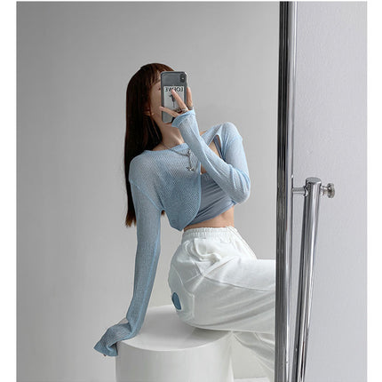 Hollow Smock T Shirt Women Summer Thin Irregular Long Sleeve Knitted
