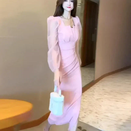 Gentle Temperament Slim Fit Dress with Women's Sleeves Square Neckline Pleated Solid Color Slimming Effect Medium Length Skirt