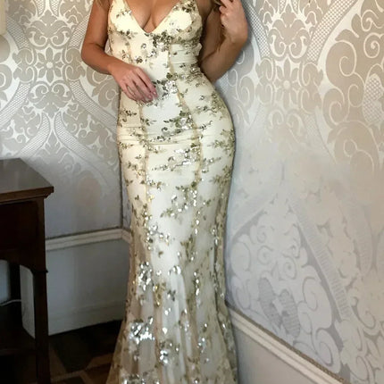 Women Dresses Sleeveless V Neck Pullover Sequins Party Dress Vestidos Formal Floor Length Sexy Wrap Breast Backless Slim