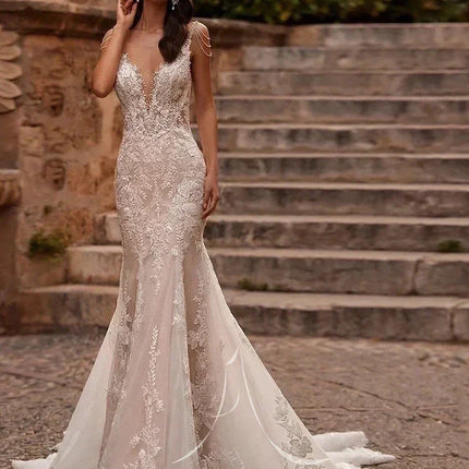 FL&AEVVE Customized Luvury Lace Wedding Dress Spaghetti Straps Beach Bridal Dresses Wedding Party Gown vestidos de novia
