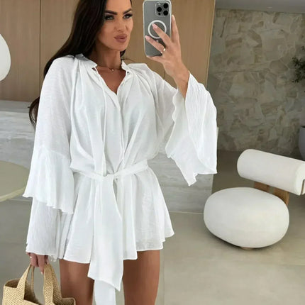 Elegant Fold Dress Women Brown Deep V-neck Long Sleeve Mini Dresses Female 2025 Spring Summer Fashion Loose Lady Vestidos