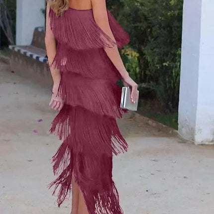 Spring and Summer New Fashion Fringed Slanted Shoulder Asymmetrical Dress for Women