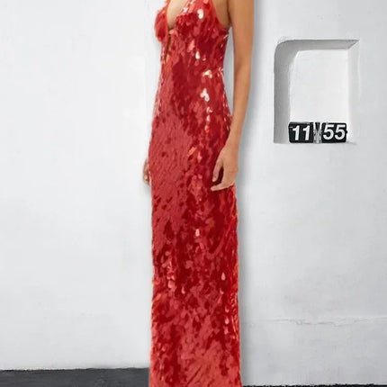 Sexy Women Maxi Dresses Elegant Sequins Sleeveless Female Long Dress Fashion  Solid Deep V Neck Ladies Party Robe Dress