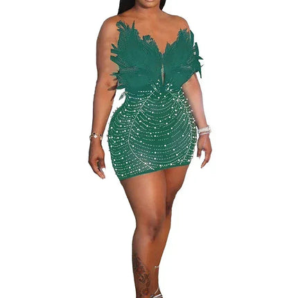 Znaiml Sexy Feathers Rhinestones Backless Diamond Sheer Mesh Bodycon Dresses for Woman Rave Club Birthday Party Night Vestidos