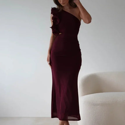 Articat Elegant Sleeveless Slant Shoulder Flower Dress Women Spring/Summer 2025 Sexy Mesh Wrap Hip Dress Party Evening Dress