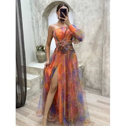 Elegant Oblique Shoulder Single-sleeve  Zipper High Slit Mesh Long Dress For Women Fashion Flower Decoration Party Dress Female