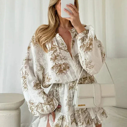 Clacive Fashion Loose Print Women's Dress 2024 Casual O-Neck Long Sleeve Mini Dresses Elegant High Waist Pleated Female Dress