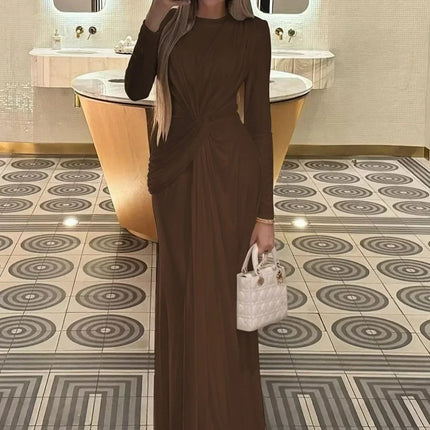 Dulzura Long Sleeves Shoulder Pad Ruched Maxi Dress Solid Elegant Prom Evening Party Long Dress Women’S Autumn Winter Outfit