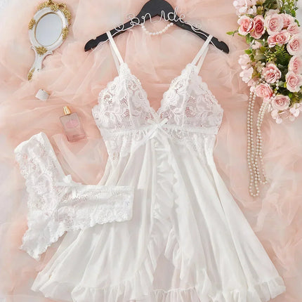Sexy Lingerie Set Women Erotic Bra Nightdress Sexy Lace Sleepwear Solid Slim Soft Dresses V Neck Full Slip Sleepwear & Dresses