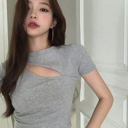 T Shirt Women Summer Hollow Crewneck Cropped Tops Irregular Tight Fitting Short Sleeve
