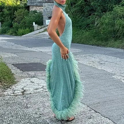 Sexy Sleeveless Hollow Irregular Long Dress Fashion Backless Slim Fit Party Dress Lady Elegant Feather Patchwork Suspender Dress