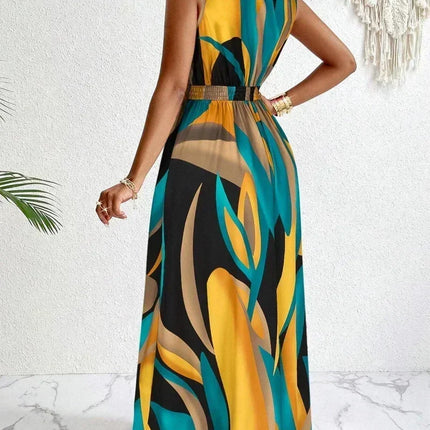 Women's sleeveless V-neck floor-length dress with abstract prints - fashionable for beach and casual occasions