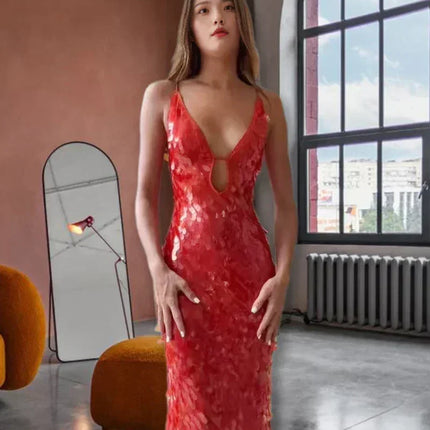 Sexy Women Maxi Dresses Elegant Sequins Sleeveless Female Long Dress Fashion  Solid Deep V Neck Ladies Party Robe Dress