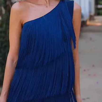 Spring and Summer New Fashion Fringed Slanted Shoulder Asymmetrical Dress for Women