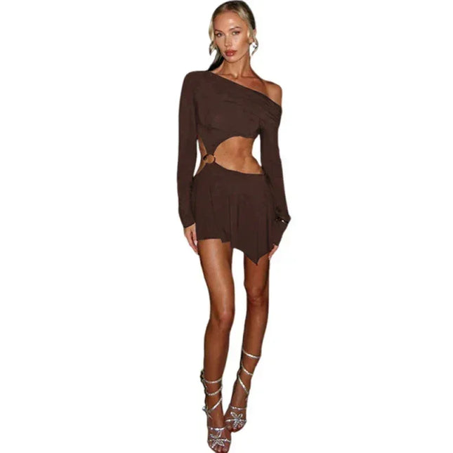 Whatiwear Hollow Waistless Dress Women Skew Collar Off Shoulder Full Sleeve Rings Patchwork Ruched Elegant Fashion Mini Bodycon