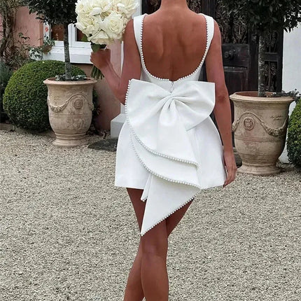 Mozision Pearl Bow Backless Sexy Mini Dress For Women Robe Fashion Zipper Sleeveless High Waist A-line Club Party Dress Elegant
