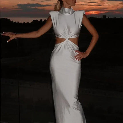 Mozision Hollow Out Turtleneck Sexy Maxi Dress For Women Fashion Solid Sleeveless Bodycon Tank Dresses Femme Club Party Dress