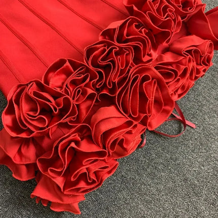 Real Photos Women New Bandage Dress Strapless Laced Up Back Flowers Hem Bodycon Mini Celebrity Evening Party Birthday Dresses