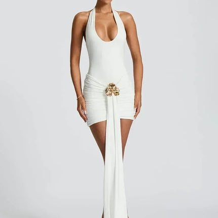 Mozision Metal Flower Draped Ruched Sexy Mini Dress Women Robe Fashion Halter Backless Sleeveless Bodycon Club Party Dress New