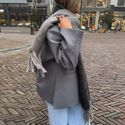 Women's V-Neck Side-Buttoned Suit Jacket Long Sleeve Solid Color Coats Pocket Cuffs Oversize Tops High Street Female Clothes