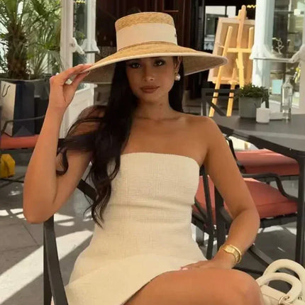 Straw summer hat French elegant ladies seaside travel sun hat Hepburn style wide brim hat  햇빛가리개 모자 모자