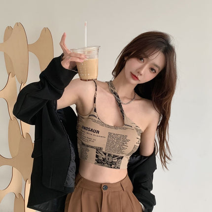 Newspaper Print Camisole Women Slanted Shoulder Hollow Sleeveless Tops Beautiful Back Woman