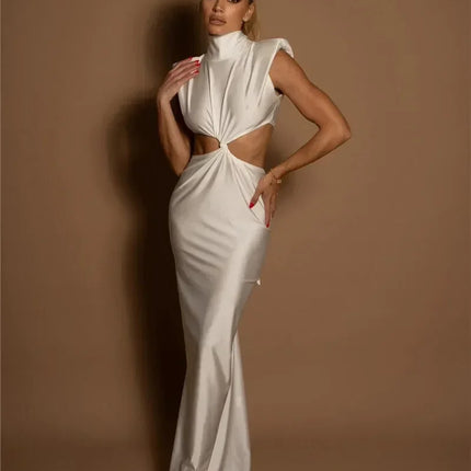 Mozision Hollow Out Turtleneck Sexy Maxi Dress For Women Fashion Solid Sleeveless Bodycon Tank Dresses Femme Club Party Dress