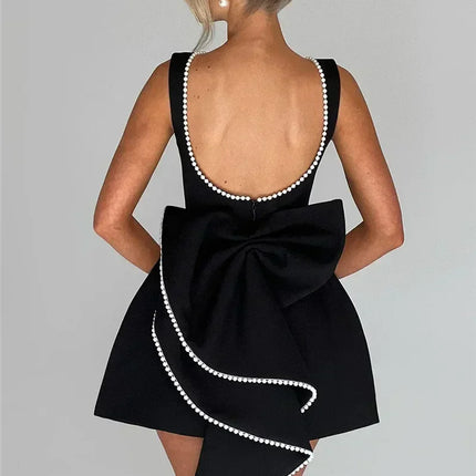 Mozision Pearl Bow Backless Sexy Mini Dress For Women Robe Fashion Zipper Sleeveless High Waist A-line Club Party Dress Elegant