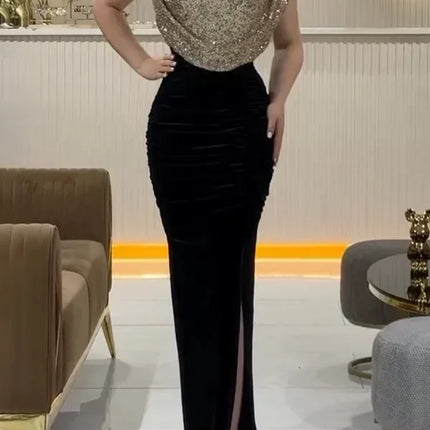 Lady Fashion Sleeveless Draped Split Dress Casual O Neck Sequin Splicing Party Dress 2025 New Year Elegant High Waist Long Dress