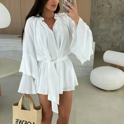 Elegant Fold Dress Women Brown Deep V-neck Long Sleeve Mini Dresses Female 2025 Spring Summer Fashion Loose Lady Vestidos