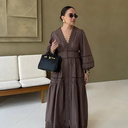 Elegant Lace Patchwork Hollow Out Dress Women Solid V-neck Long Lantern Sleeve Loose Dresses 2025 Spring Vacation Lady Robes