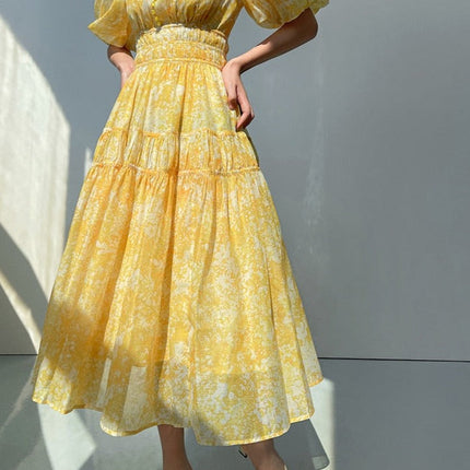 V-neck Elastic Waist Ladies Floral Printed Dress Spring Summer Vintage Puff