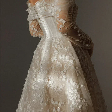 Kyoto Customized Lace Flowers Detachable Long Sleeves Wedding Dress Ankle-Length Glitter vestidos de novia A-Line Formal Gown