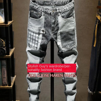 Streetwear 90s Slim Cowboy Grey Stretch Work Wear Splice Long Pants Man