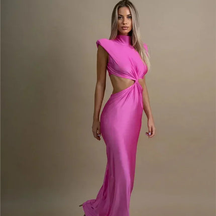 Mozision Hollow Out Turtleneck Sexy Maxi Dress For Women Fashion Solid Sleeveless Bodycon Tank Dresses Femme Club Party Dress