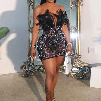Znaiml Sexy Feathers Rhinestones Backless Diamond Sheer Mesh Bodycon Dresses for Woman Rave Club Birthday Party Night Vestidos